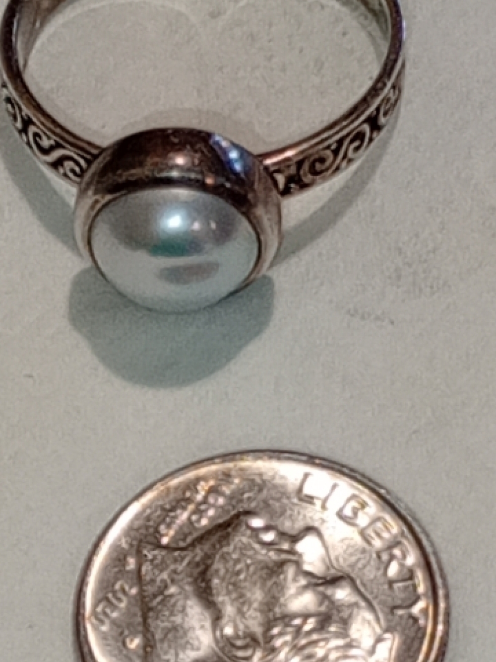 Pearl Sterling Silver Scroll Band Pearl Ring Bezel Set By Janice Girardi - Picture 13 of 16